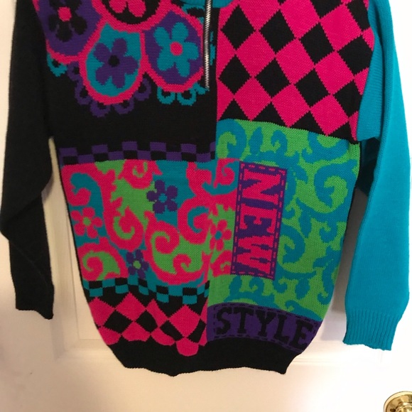 Vintage GIRLS Neon Color Block Mix Pattern Cable Knit Chunky  3/4 Zip Sweater - Picture 2 of 9